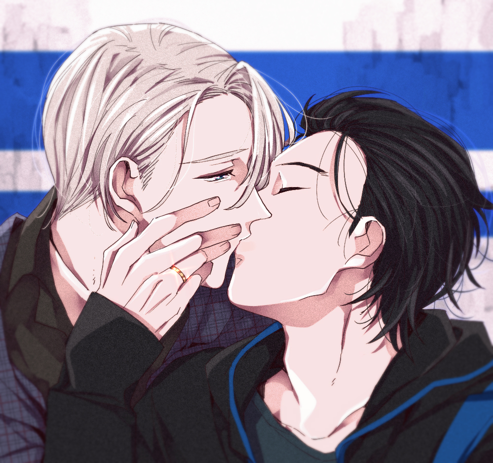 2boys black_hair blue_eyes closed_eyes con_potata hair_slicked_back hand_on_another's_face jewelry katsuki_yuuri kiss male_focus multiple_boys ring silver_hair viktor_nikiforov yaoi yuri!!!_on_ice