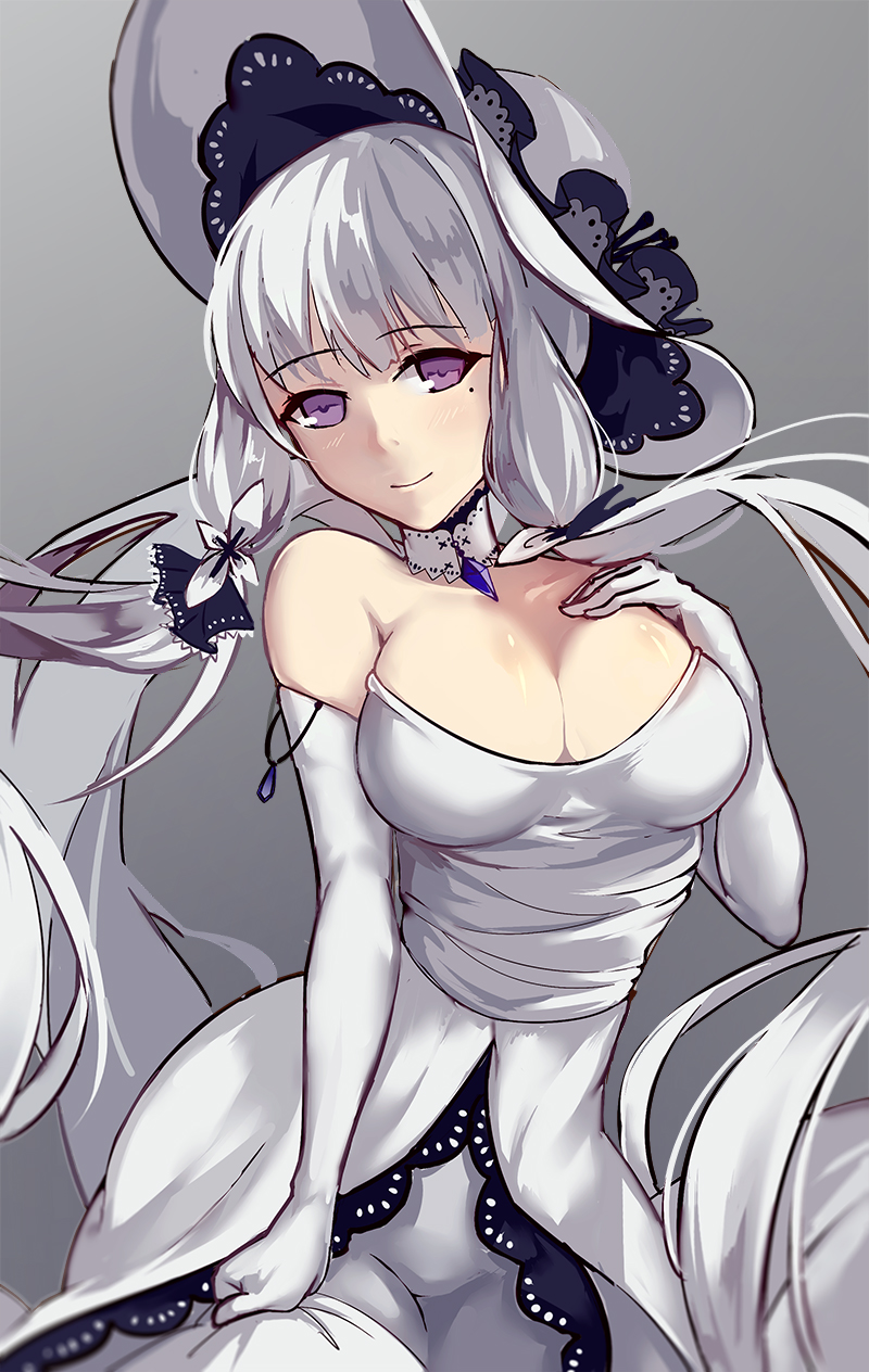 1girl bare_shoulders bilan_hangxian blue_eyes breasts cleavage dress elbow_gloves gloves hat highres illustrious_(bilan_hangxian) large_breasts looking_at_viewer mole mole_under_eye simple_background sketch smile solo thigh-highs twintails white_dress white_gloves white_hair white_legwear yusan