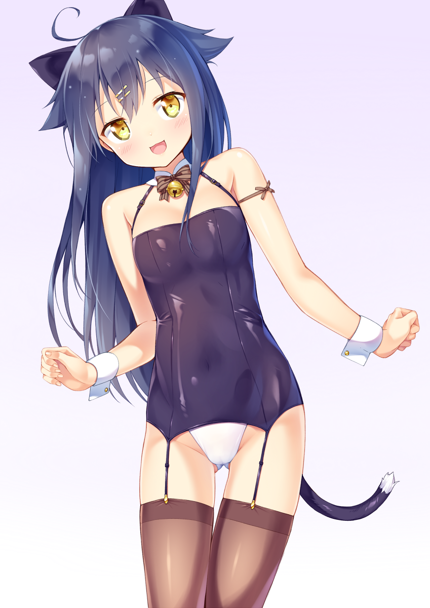 1girl :d ahoge animal_ears bare_shoulders bell blue_background blue_hair bow bowtie breasts brown_legwear cat_ears cat_tail covered_navel cowboy_shot detached_collar garter_straps gluteal_fold gradient gradient_background hair_flaps hair_ornament hairclip highres hinako_note ichi_makoto jacket jingle_bell kittysuit leaning_to_the_side long_hair looking_at_viewer natsukawa_kuina nontraditional_school_swimsuit open_mouth school_swimsuit small_breasts smile solo swimsuit tail thigh-highs thigh_gap wrist_cuffs yellow_eyes