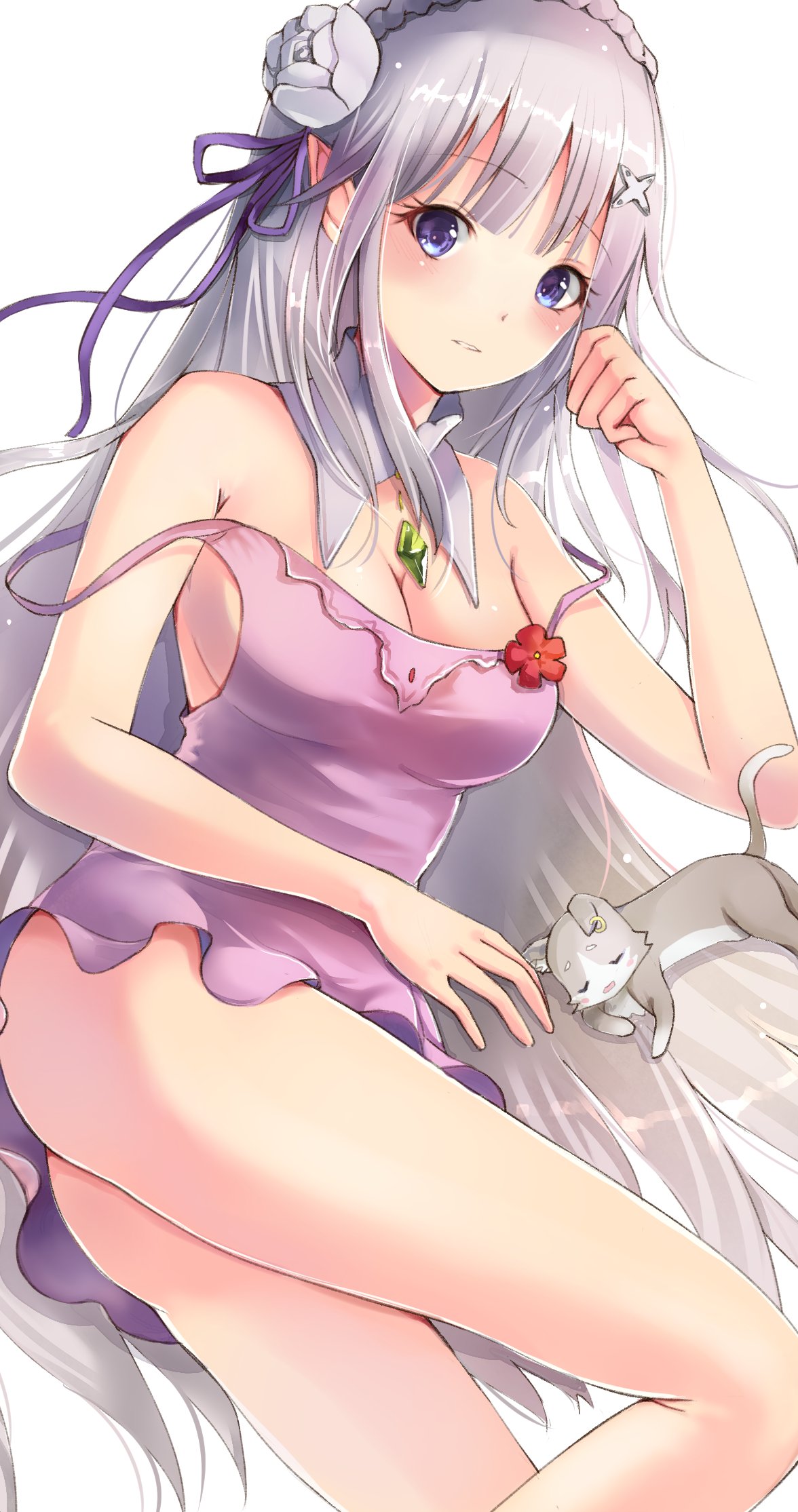 1girl akari_skyline_works ass bangs bare_arms blue_eyes blush braid breasts camisole cleavage clenched_hand collar crown_braid elf emilia_(re:zero) eyebrows_visible_through_hair flower gem grey_background hair_flower hair_ornament hair_ribbon hand_up highres jewelry long_hair looking_at_viewer lying medium_breasts no_panties off_shoulder on_side parted_lips pendant pointy_ears puck_(re:zero) purple_camisole purple_hair purple_ribbon re:zero_kara_hajimeru_isekai_seikatsu red_flower ribbon simple_background solo solo_focus very_long_hair x_hair_ornament