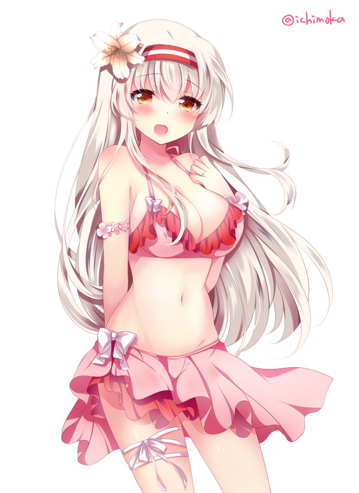 1girl :d alternate_costume arm_behind_back armband bikini blush bow breasts commentary_request cowboy_shot flower hair_flower hair_ornament hand_on_own_chest headband ichiyou_moka jewelry kantai_collection large_breasts light_brown_eyes long_hair navel open_mouth pink_bikini ribbon ring sarong shoukaku_(kantai_collection) simple_background smile solo stomach swimsuit thigh_ribbon twitter_username wedding_band white_background white_hair