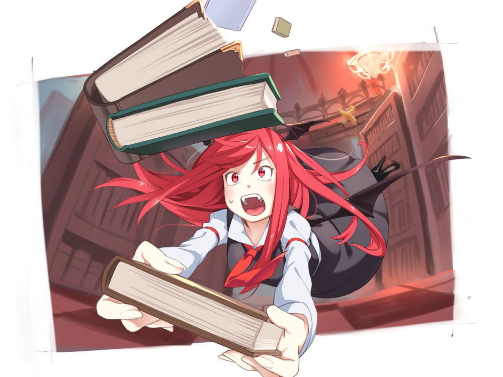 1girl asutora black_shoes black_skirt book chandelier checkered checkered_floor fangs head_wings high_heels indoors koakuma library long_sleeves necktie open_mouth red_eyes red_necktie redhead shoes skirt solo sweatdrop tongue touhou tripping wings