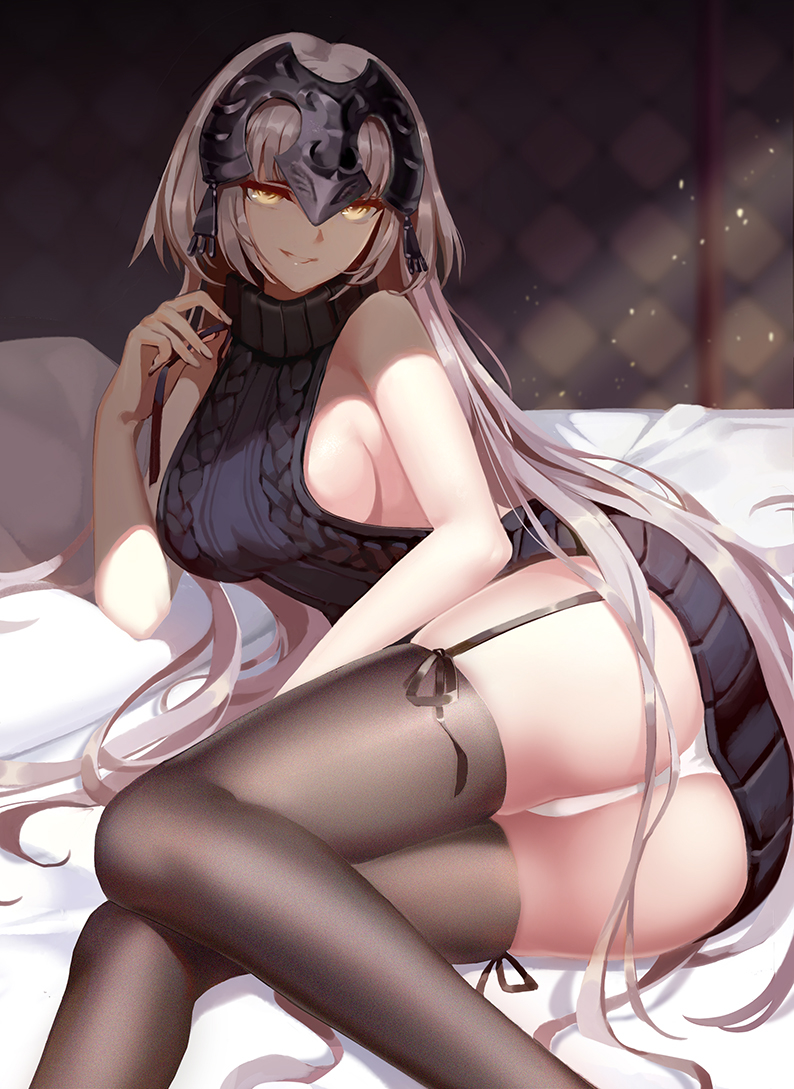 1girl alternate_costume aran_sweater ass backless_outfit bangs bare_shoulders bed_sheet black_dress black_garter_straps black_legwear black_sweater black_thighhighs breasts brown_legwear commentary dress fate/grand_order fate_(series) fingernails from_side garter_straps hair_down hair_ribbon halterneck hand_up headpiece jeanne_alter large_breasts light_particles long_hair looking_at_viewer lying medium_breasts meme_attire no_bra on_bed on_side open-back_dress panties pantyshot pantyshot_(lying) pillow revision ribbed_sweater ribbon ruler_(fate/apocrypha) shade sideboob silver_hair sleeveless sleeveless_turtleneck smile solo sunlight sweater sweater_dress thigh-highs thighs tress_ribbon turtleneck turtleneck_sweater underwear very_long_hair virgin_killer_sweater white_panties yellow_eyes zjsstc
