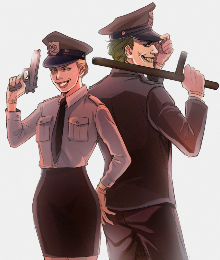 1boy 1girl back-to-back backlighting batman_(series) black_necktie blonde_hair cowboy_shot dc_comics gloves green_hair grin gun handgun harley_quinn hat necktie peaked_cap pencil_skirt police police_uniform skirt smile the_joker trevo truncheon uniform weapon white_background white_gloves