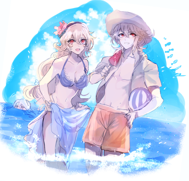 1boy 1girl beach beachball bikini blush breasts dual_persona female_my_unit_(fire_emblem_if) fire_emblem fire_emblem_heroes fire_emblem_if hairband hat iriya_(lonesome) long_hair looking_at_viewer male_my_unit_(fire_emblem_if) my_unit_(fire_emblem_if) open_mouth pointy_ears red_eyes short_hair silver_hair smile swim_trunks swimsuit water white_hair