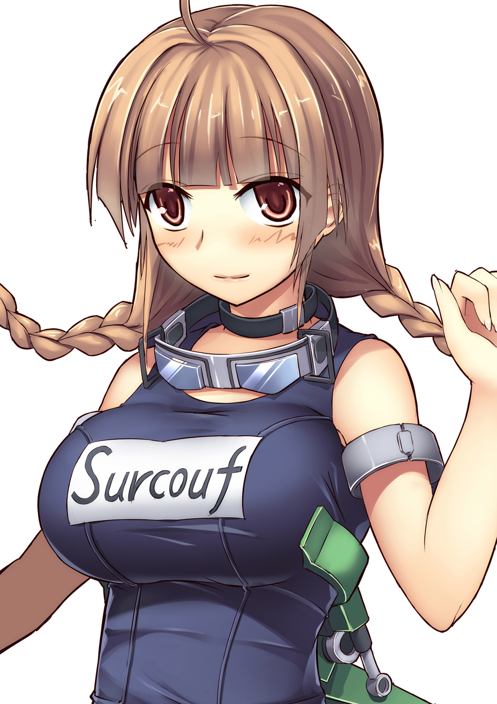 1girl ahoge armband bangs bare_shoulders blue_swimsuit blunt_bangs braid breasts brown_eyes brown_hair character_name closed_mouth eyebrows_visible_through_hair fingers_together french_braid goggles goggles_around_neck hand_up highres jewelry large_breasts light_smile lips machinery neck_ring school_swimsuit solo srwsrx_(gp03dsrx) surcouf_(zhan_jian_shao_nyu) swimsuit twin_braids upper_body white_background zhan_jian_shao_nyu
