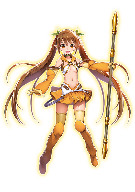 1girl bangs bare_shoulders breasts brown_eyes brown_hair elbow_gloves full_body gloves holding holding_weapon long_hair looking_at_viewer medium_breasts midriff navel nowa official_art open_mouth pleated_skirt pointy_ears polearm queen's_blade queen's_blade_unlimited skirt solo thigh-highs transparent_background twintails weapon yellow_legwear