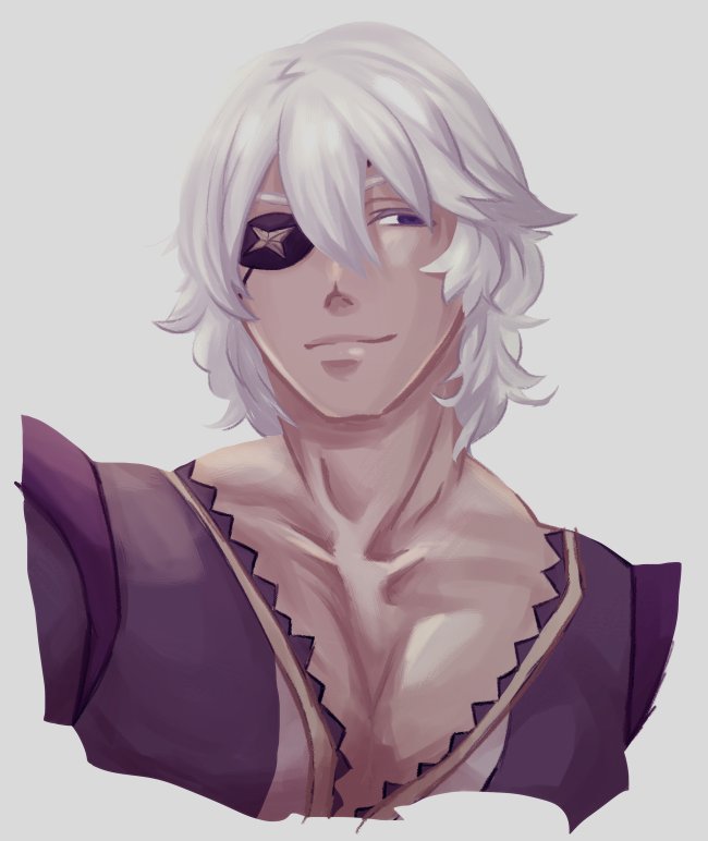 eyepatch fire_emblem fire_emblem_if lilly0723euro looking_at_viewer portrait simple_background smile solo white_hair zero_(fire_emblem_if)