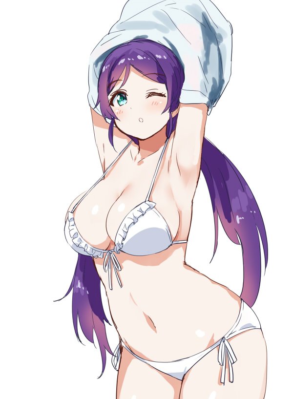 1girl armpits arms_up bikini breasts cleavage cowboy_shot frilled_bikini frills front-tie_bikini front-tie_top green_eyes halter_top halterneck kurokawa_makoto large_breasts long_hair love_live! love_live!_school_idol_project navel one_eye_closed purple_hair side-tie_bikini simple_background solo string_bikini swimsuit toujou_nozomi twintails undressing very_long_hair white_background white_bikini