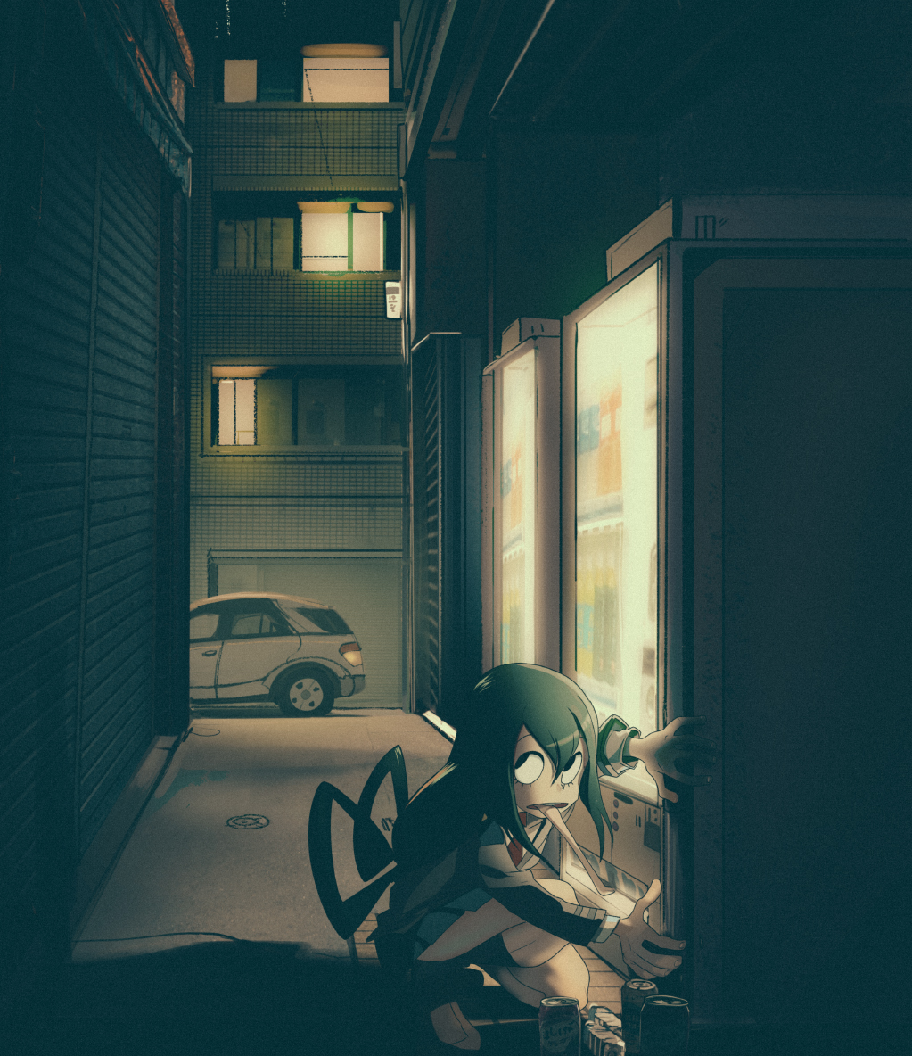 1girl alley asui_tsuyu black_eyes boku_no_hero_academia building can flats frog_girl full_body green_hair long_hair long_tongue necktie night outdoors pleated_skirt red_necktie school_uniform skirt solo theft tongue vehicle vending_machine
