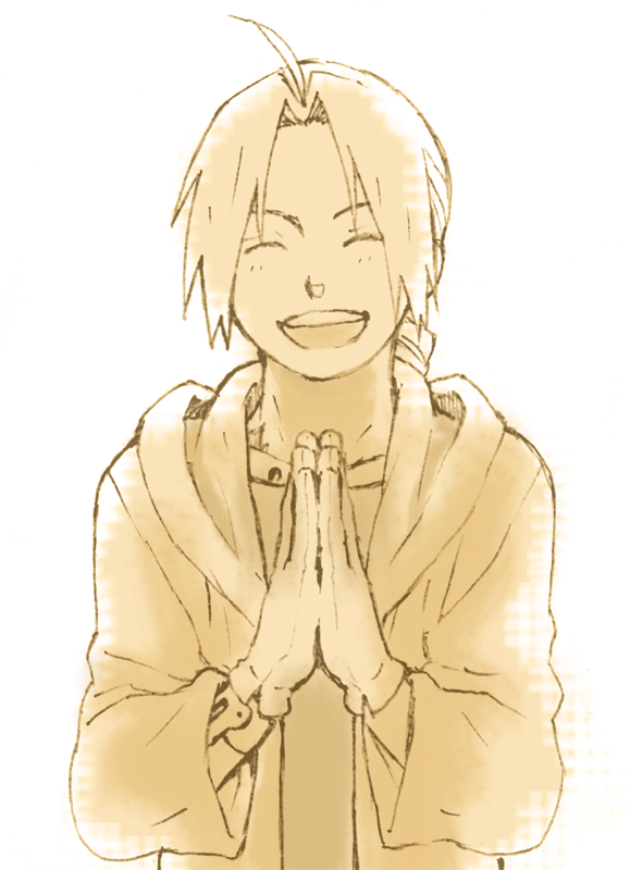 1boy closed_eyes coat edward_elric fullmetal_alchemist gloves grin hands_together happy long_hair mattsu monochrome open_mouth sepia simple_background smile solo_focus white_background