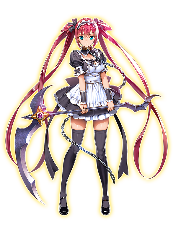 1girl airi_(queen's_blade) bangs black_legwear blue_eyes bow bowtie breasts chains cleavage collar dress full_body holding holding_weapon long_hair looking_at_viewer maid_headdress mary_janes medium_breasts official_art puffy_short_sleeves puffy_sleeves queen's_blade queen's_blade_unlimited redhead ribbon scythe shoes short_dress short_sleeves smile solo standing thigh-highs transparent_background twintails very_long_hair weapon wrist_cuffs zettai_ryouiki