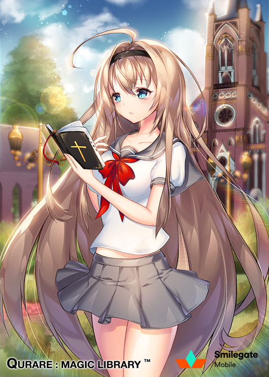 1girl absurdly_long_hair ahoge black_legwear blue_eyes blush book bow breasts company_name copyright_name eyebrows_visible_through_hair grey_skirt hairband holding holding_book large_breasts long_hair looking_away neckerchief open_book qurare_magic_library reading red_bow red_neckerchief skirt smile snow_is solo very_long_hair
