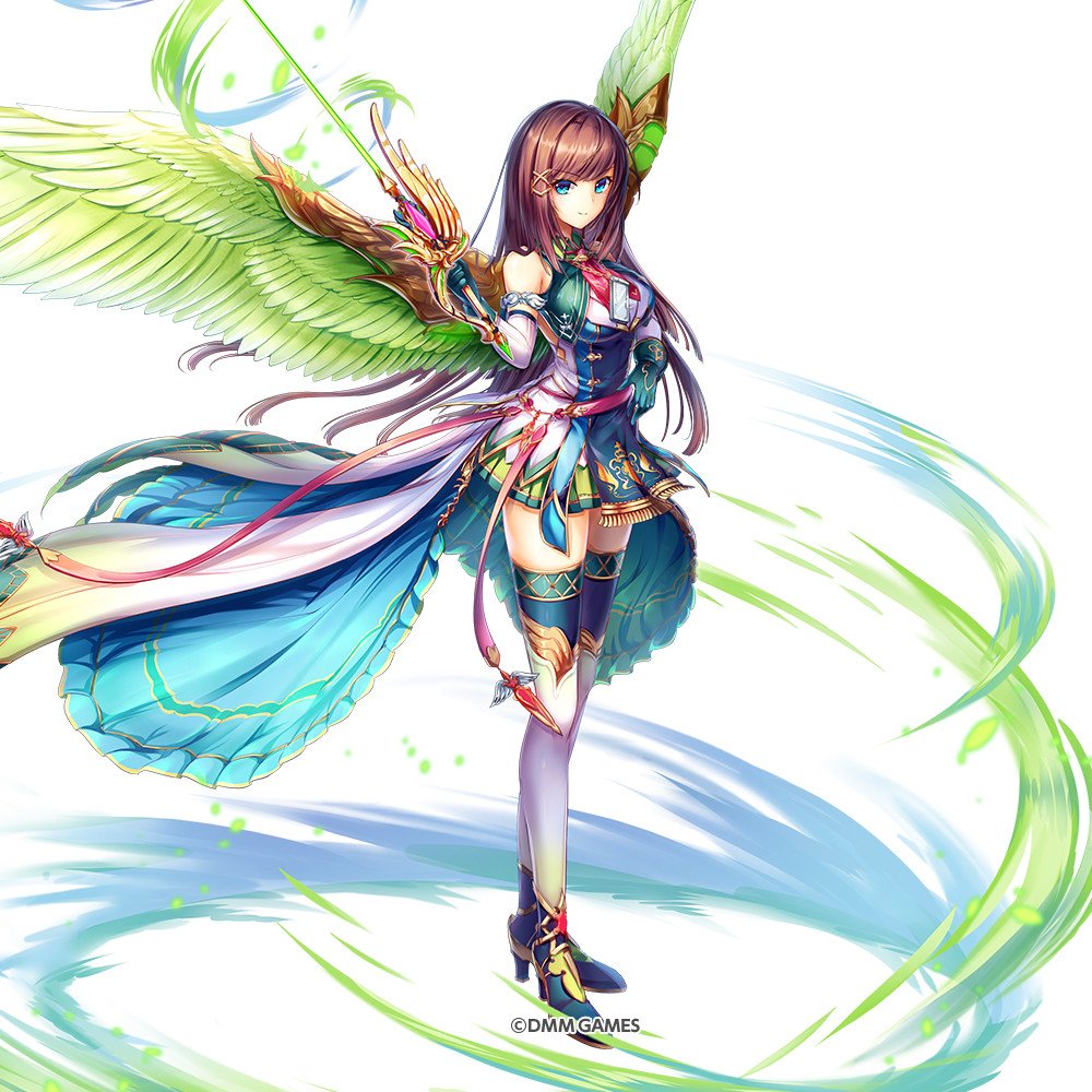 1girl aqua_eyes bangs bare_shoulders breasts brown_hair commentary_request copyright_name eyebrows_visible_through_hair full_body hand_on_hip high_heels holding holding_sword holding_weapon kami_project looking_at_viewer medium_breasts overskirt pelvic_curtain pleated_skirt simple_background skirt smile solo standing sword thigh-highs weapon white_background wings zettai_ryouiki
