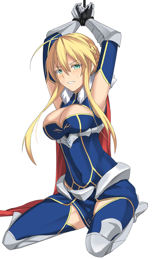 1girl ahoge armor armpits arms_up artoria_pendragon_lancer_(fate/grand_order) bangs bdsm blonde_hair blush bondage bound bound_wrists braid breasts cape cleavage cleavage_cutout crown fate/grand_order fate_(series) fur_trim gauntlets glaring green_eyes hair_between_eyes hirame_sa large_breasts long_hair looking_at_viewer restrained rope saber scowl sitting solo sweatdrop swept_bangs wariza