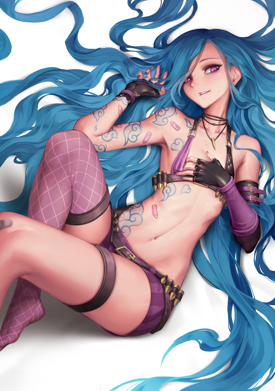 1girl bandaid bandaid_on_knee bangs bare_shoulders belt belt_buckle black_gloves blue_hair blush buckle bullet fingerless_gloves fishnet_legwear fishnets flat_chest gloves hand_on_own_chest highres jewelry jinx_(league_of_legends) league_of_legends long_hair looking_at_viewer lying navel necklace on_back oopartz_yang parted_lips pink_eyes pink_legwear revealing_clothes shadow short_shorts shorts simple_background single_thighhigh smile solo tattoo thigh-highs thigh_strap very_long_hair violet_eyes white_background