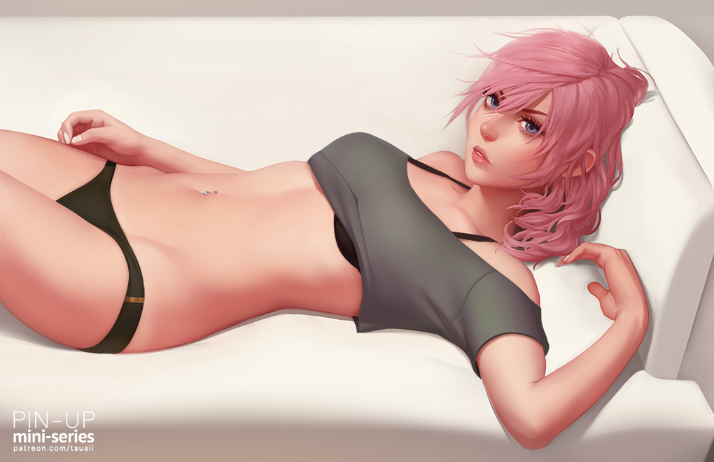 1girl bare_shoulders bed black_bra black_panties blue_eyes bra breasts commentary couch crop_top final_fantasy final_fantasy_xiii jonathan_hamilton lightning_farron lips lying medium_breasts navel navel_piercing on_back panties piercing pillow pink_hair revision solo stomach underwear watermark web_address