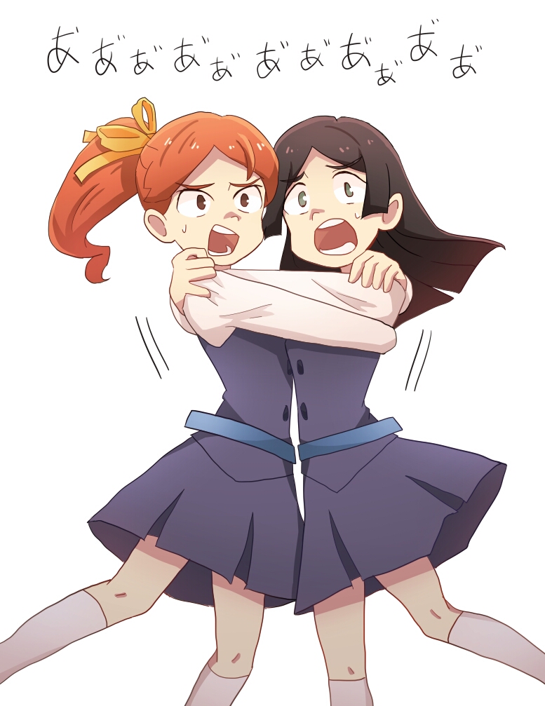 2girls barbara_(little_witch_academia) black_hair hanna_(little_witch_academia) hug little_witch_academia long_hair multiple_girls open_mouth ponytail ribbon scared school_uniform simple_background socks white_background yellow_ribbon