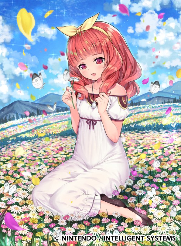 blush bow butterfly celica_(fire_emblem) child collarbone commentary_request company_connection copyright_name day dress field fire_emblem fire_emblem_cipher fire_emblem_echoes:_mou_hitori_no_eiyuuou flower hair_bow holding jewelry long_hair necklace official_art open_mouth outdoors petals red_eyes redhead short_sleeves sitting smile solo sparkle