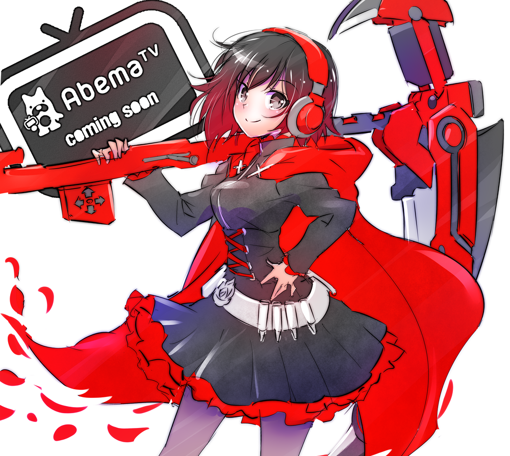 1girl bandolier black_dress black_hair cape commentary_request crescent_rose dress frilled_skirt frills grey_eyes headphones iesupa logo multicolored_hair redhead ruby_rose rwby scythe skirt smile solo television