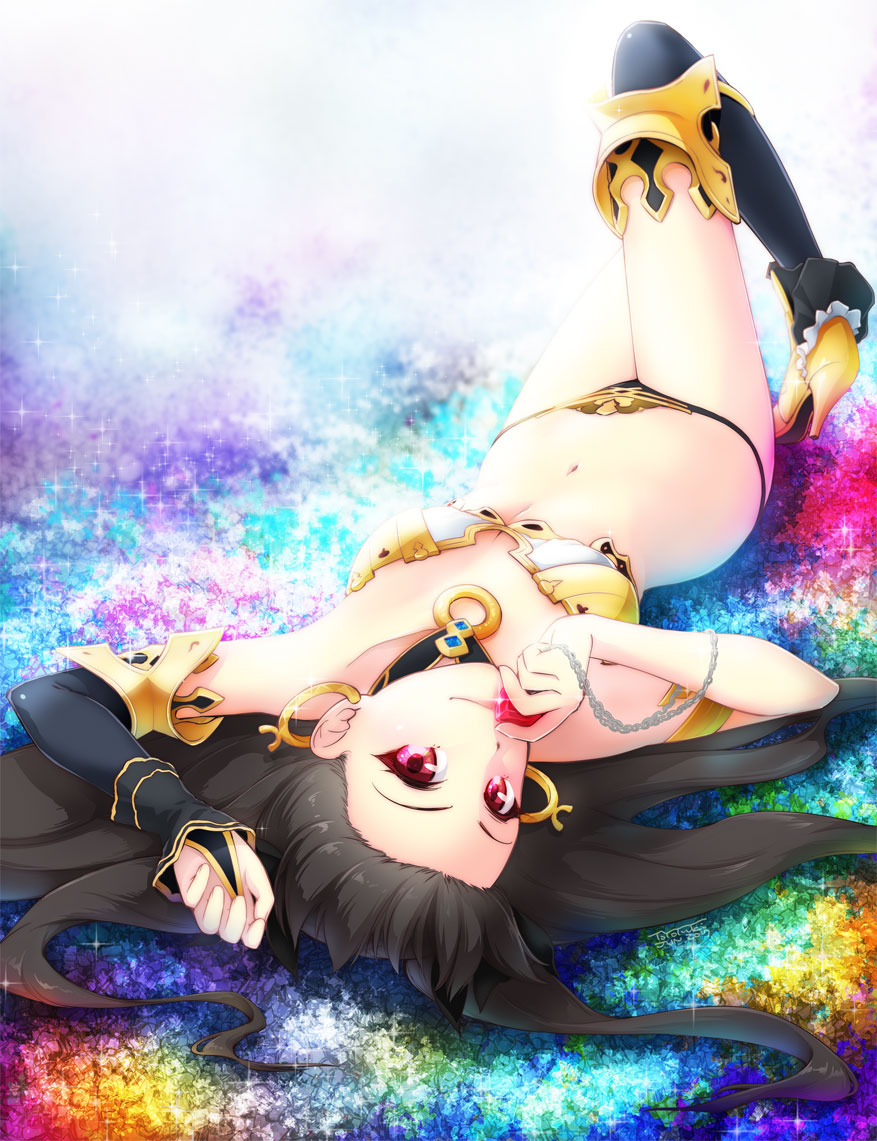 1girl arm arm_up armlet asymmetrical_gloves asymmetrical_legwear bare_arms bare_legs bare_shoulders black_hair black_legwear black_panties black_ribbon breasts bridal_gauntlets closed_mouth collar earrings elbow_gloves fate/grand_order fate_(series) female full_body gem gloves hair_ribbon hand_up high_heels highres holding holding_pendant hoop_earrings ishtar_(fate/grand_order) jewelry knee_up legs long_hair looking_at_viewer lying midriff navel no_crown on_back panties pendant pendant_removed red_eyes revealing_clothes ribbon single_bridal_gauntlet single_elbow_glove single_glove single_thighhigh small_breasts smile solo sparkle strapless thigh-highs thighlet tohsaka_rin two_side_up type-moon upside-down yellow_high_heels yukako_(toyoyuki)