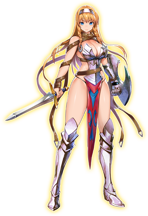 1girl armor armored_boots bangs bikini_armor blonde_hair blue_eyes boots braid breasts cleavage front_braid full_body gauntlets hairband holding holding_sword holding_weapon large_breasts leina long_hair looking_at_viewer official_art pelvic_curtain queen's_blade queen's_blade_unlimited shield solo standing sword transparent_background twin_braids weapon
