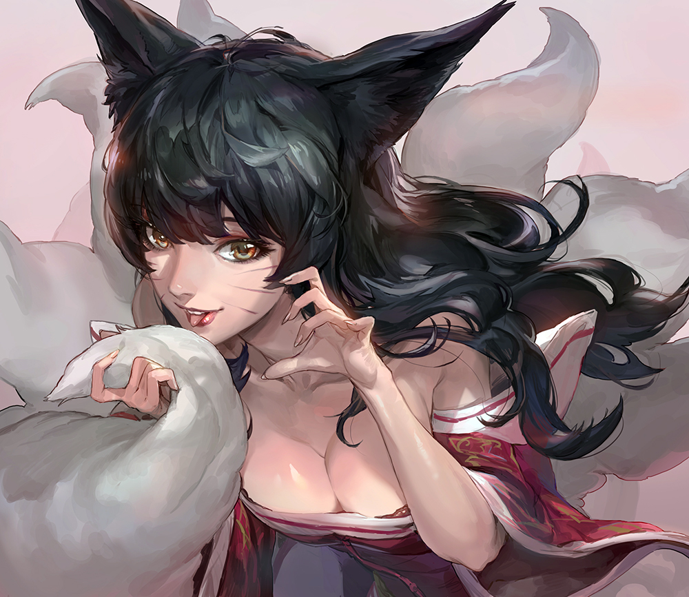 1girl ahri animal_ears bare_shoulders black_hair breasts cleavage collarbone commentary_request detached_sleeves facial_mark fox_ears fox_tail holding_tail korean_clothes large_breasts league_of_legends lips long_hair looking_at_viewer mossi multiple_tails solo tail teeth tongue tongue_out whisker_markings wide_sleeves yellow_eyes