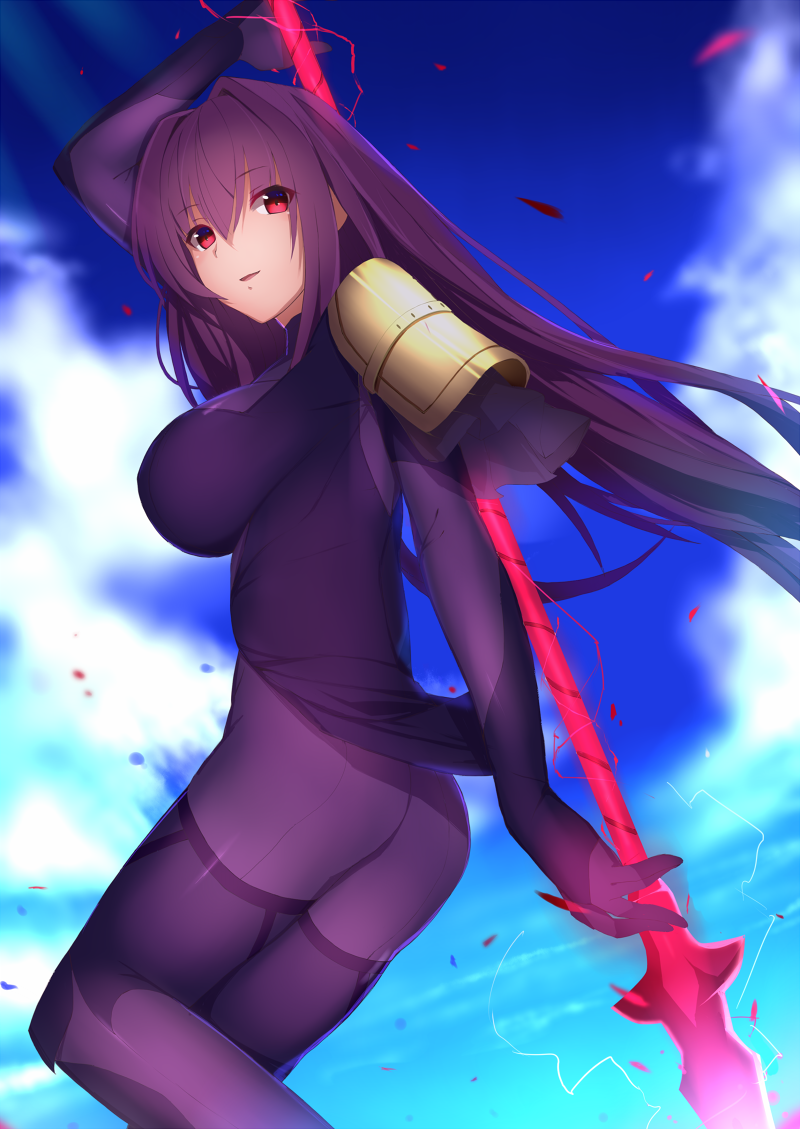 1girl armor ass bodysuit breasts fate/grand_order fate_(series) gae_bolg long_hair open_mouth pauldrons petals polearm purple_bodysuit purple_hair red_eyes revision saisarisu scathach_(fate/grand_order) shoulder_armor solo spear very_long_hair weapon