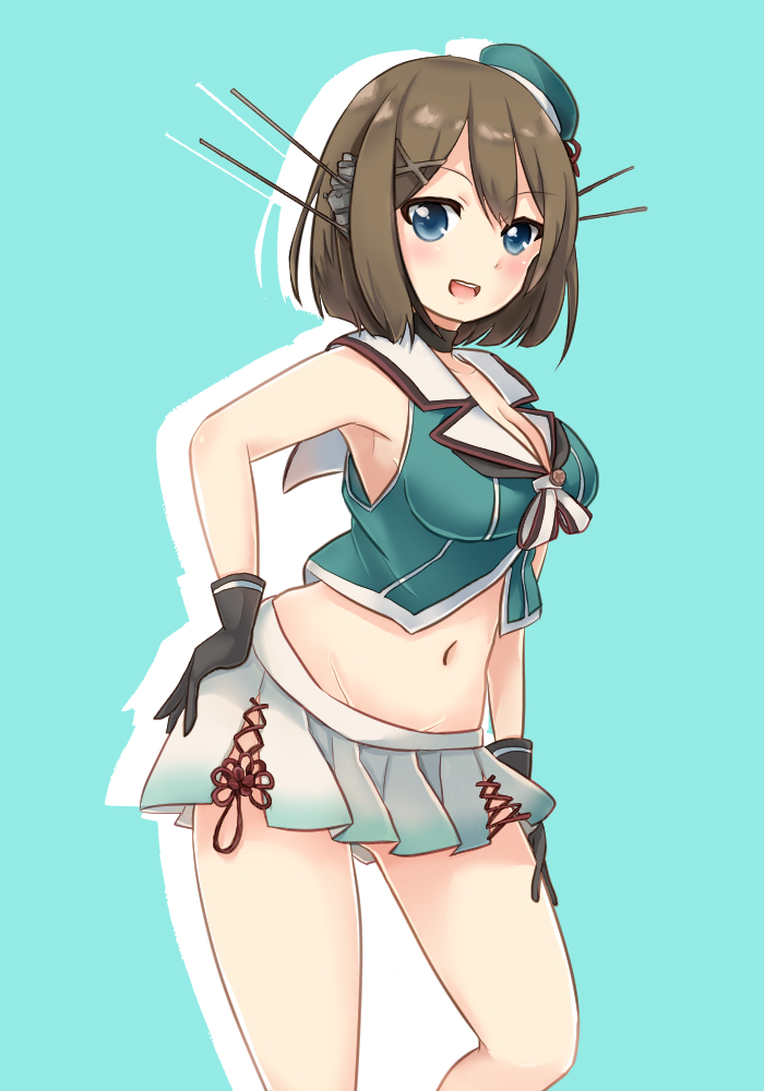 1girl bare_shoulders beret black_gloves blue_background blue_eyes breasts brown_hair cleavage gloves groin hair_ornament hand_on_ass hand_on_thigh haryuru hat headgear kantai_collection looking_at_viewer maya_(kantai_collection) medium_breasts midriff navel no_panties open_mouth pleated_skirt short_hair simple_background skirt smile solo standing x_hair_ornament