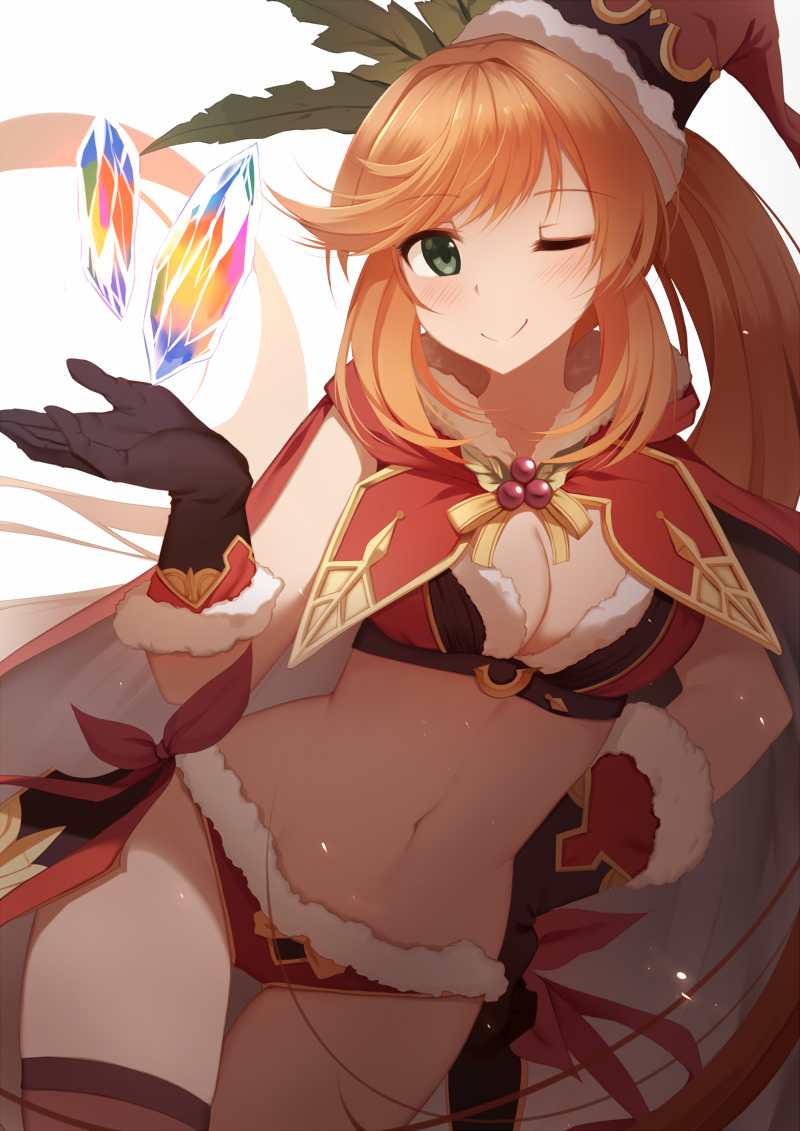 1girl aqua_eyes black_gloves blush breasts brown_hair cape clarisse_(granblue_fantasy) gloves granblue_fantasy green_eyes long_hair looking_at_viewer medium_breasts navel one_eye_closed orange_hair ponytail rizky_(strated) smile solo thigh-highs