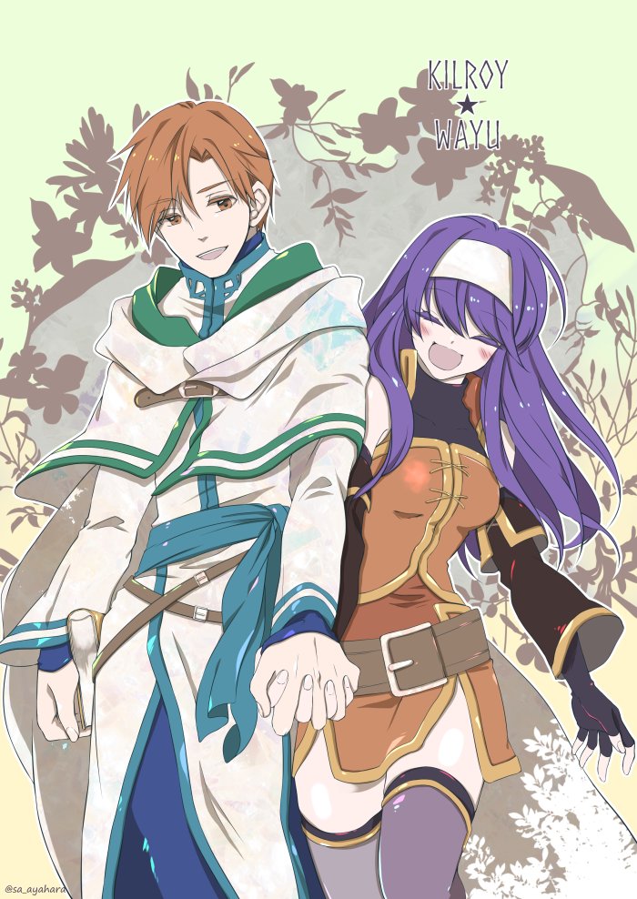 1boy 1girl blue_hair blush brown_hair closed_eyes cyaca_ab fingerless_gloves fire_emblem fire_emblem:_akatsuki_no_megami fire_emblem:_souen_no_kiseki gloves hand_holding headband holding open_mouth rhys smile wayu_(fire_emblem)