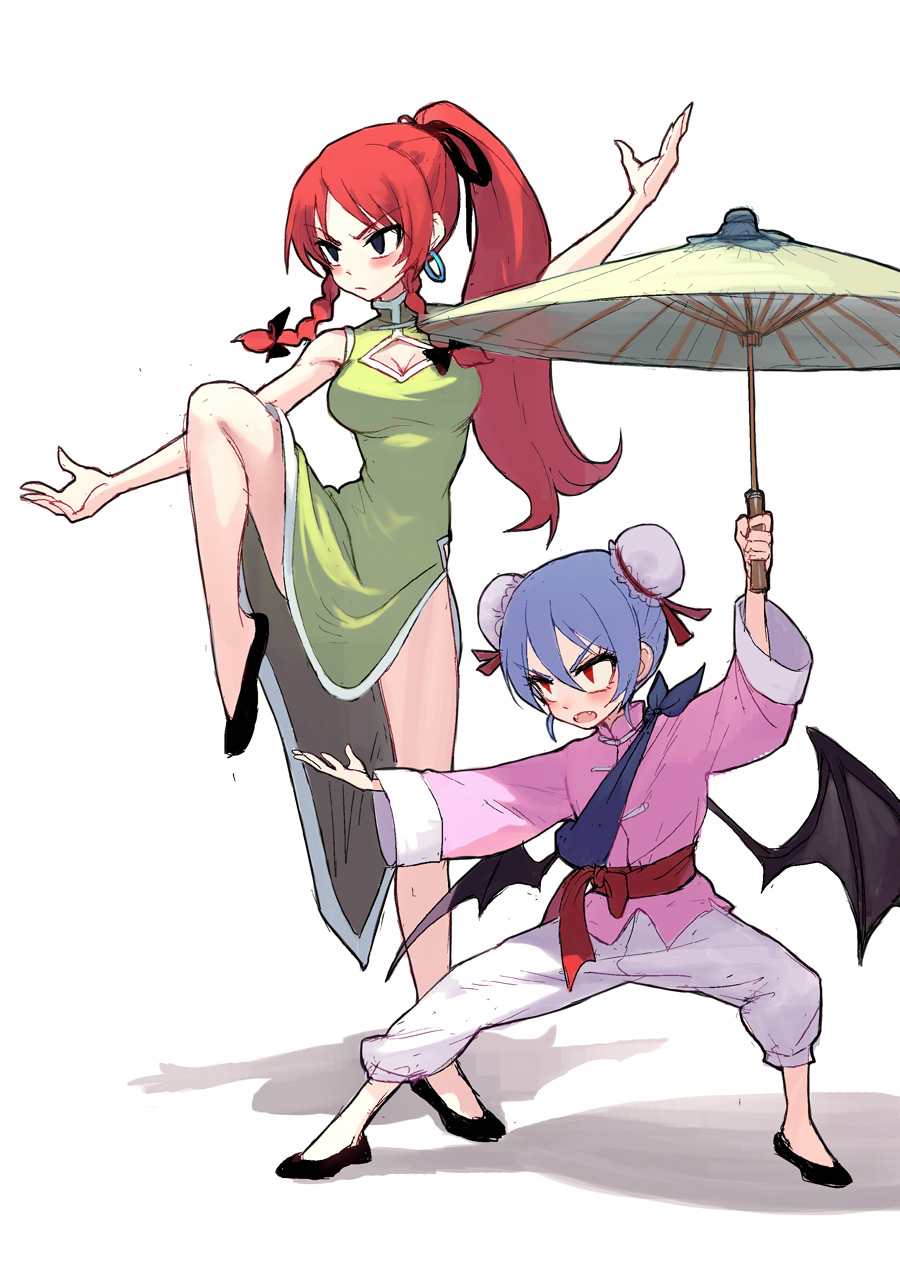 &gt;:/ &gt;:o :/ :o alternate_costume alternate_hairstyle bat_wings bent_knee blue_hair braid breasts bun_cover china_dress chinese_clothes cleavage cleavage_cutout double_bun dress earrings fangs fighting_stance fkey full_body hair_between_eyes hair_ribbon highres hong_meiling jewelry medium_breasts pants parasol ponytail red_eyes redhead remilia_scarlet ribbon sanpaku sash serious short_hair sketch sleeveless sleeveless_dress standing standing_on_one_leg touhou twin_braids umbrella wings