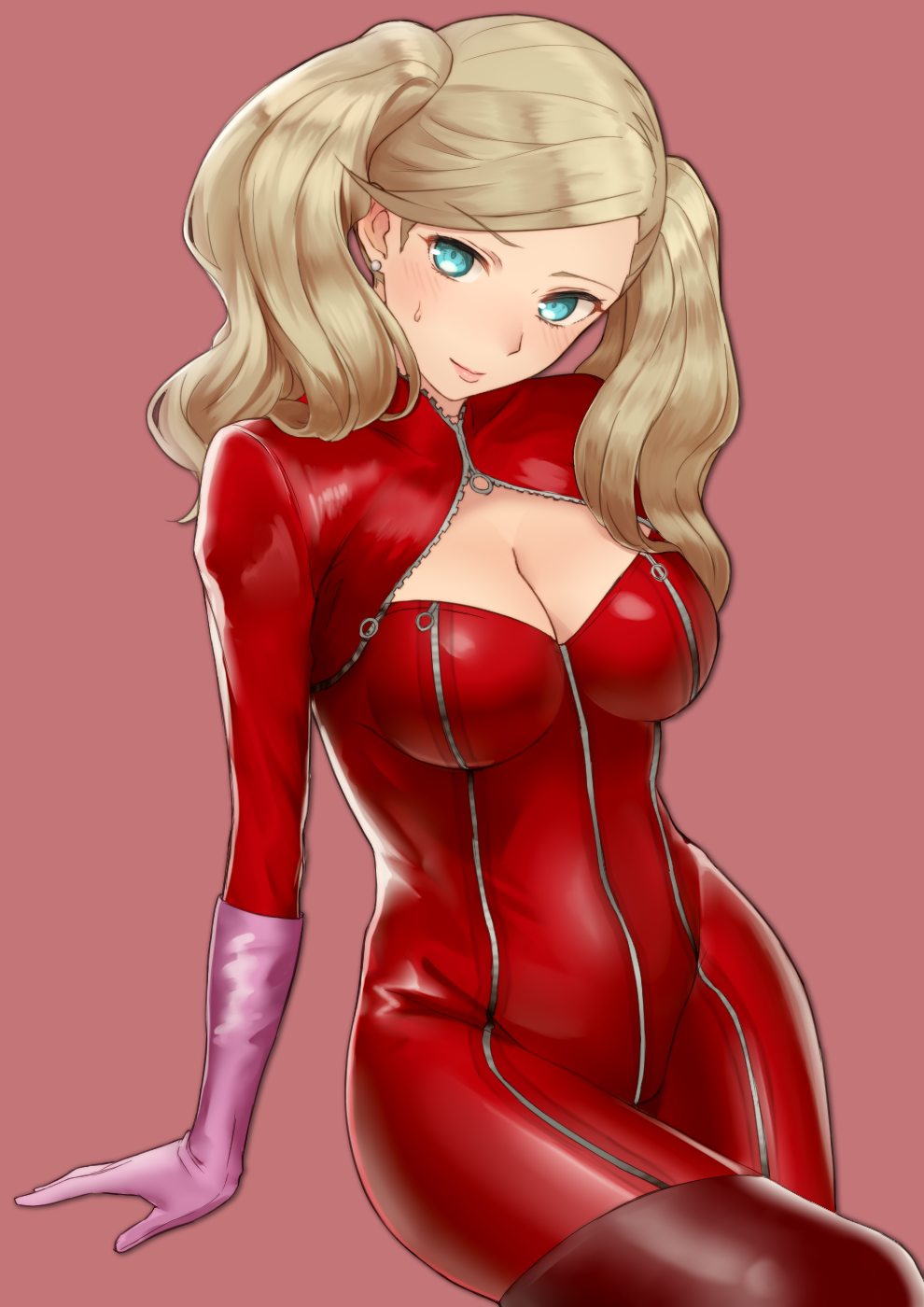 1girl blonde_hair blue_eyes blush bodysuit boots breasts cleavage earrings gloves highres jewelry long_hair looking_at_viewer medium_breasts monotiina persona persona_5 pink_background pink_gloves red_legwear simple_background solo sweatdrop takamaki_anne thigh-highs thigh_boots twintails