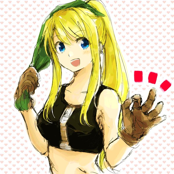 !! 1girl blonde_hair blue_eyes eyebrows_visible_through_hair fullmetal_alchemist gloves heart heart_background kerchief long_hair looking_at_viewer ok_sign open_mouth ponytail simple_background solo tank_top tsukuda0310 white_background winry_rockbell