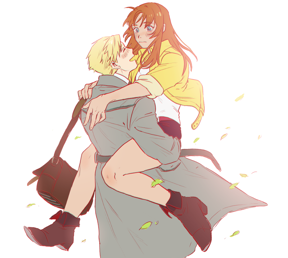 1boy 1girl alphonse_elric bag blonde_hair blue_eyes blush boots carrying closed_eyes coat embarrassed eyebrows_visible_through_hair fullmetal_alchemist fullmetal_alchemist:_milos_no_seinaru_hoshi hetero jacket julia_crichton leaf long_hair looking_at_another orange_hair shirt short_hair simple_background skirt smile white_background white_shirt yellow_jacket