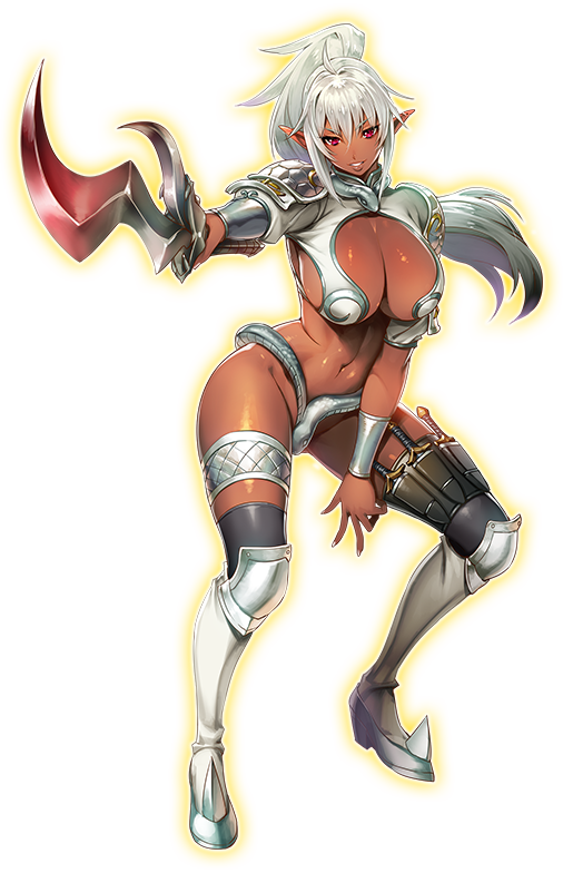 1girl armor armored_boots bangs bikini_armor black_legwear boots breasts cleavage dagger dark_skin echidna full_body holding holding_sword holding_weapon large_breasts long_hair looking_at_viewer navel official_art parted_lips pointy_ears ponytail queen's_blade queen's_blade_unlimited red_eyes smile solo sword thigh-highs thigh_strap transparent_background weapon white_hair