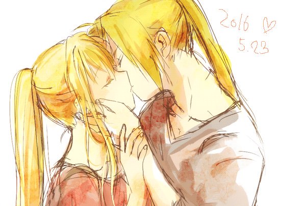 1boy 1girl 2016 bangs blonde_hair closed_eyes couple earrings edward_elric eyebrows_visible_through_hair fullmetal_alchemist grey_shirt hands_on_another's_face hands_on_another's_wrists heart hetero jewelry kiss long_hair pink_shirt ponytail shirt simple_background speech_bubble tsukuda0310 white_background winry_rockbell