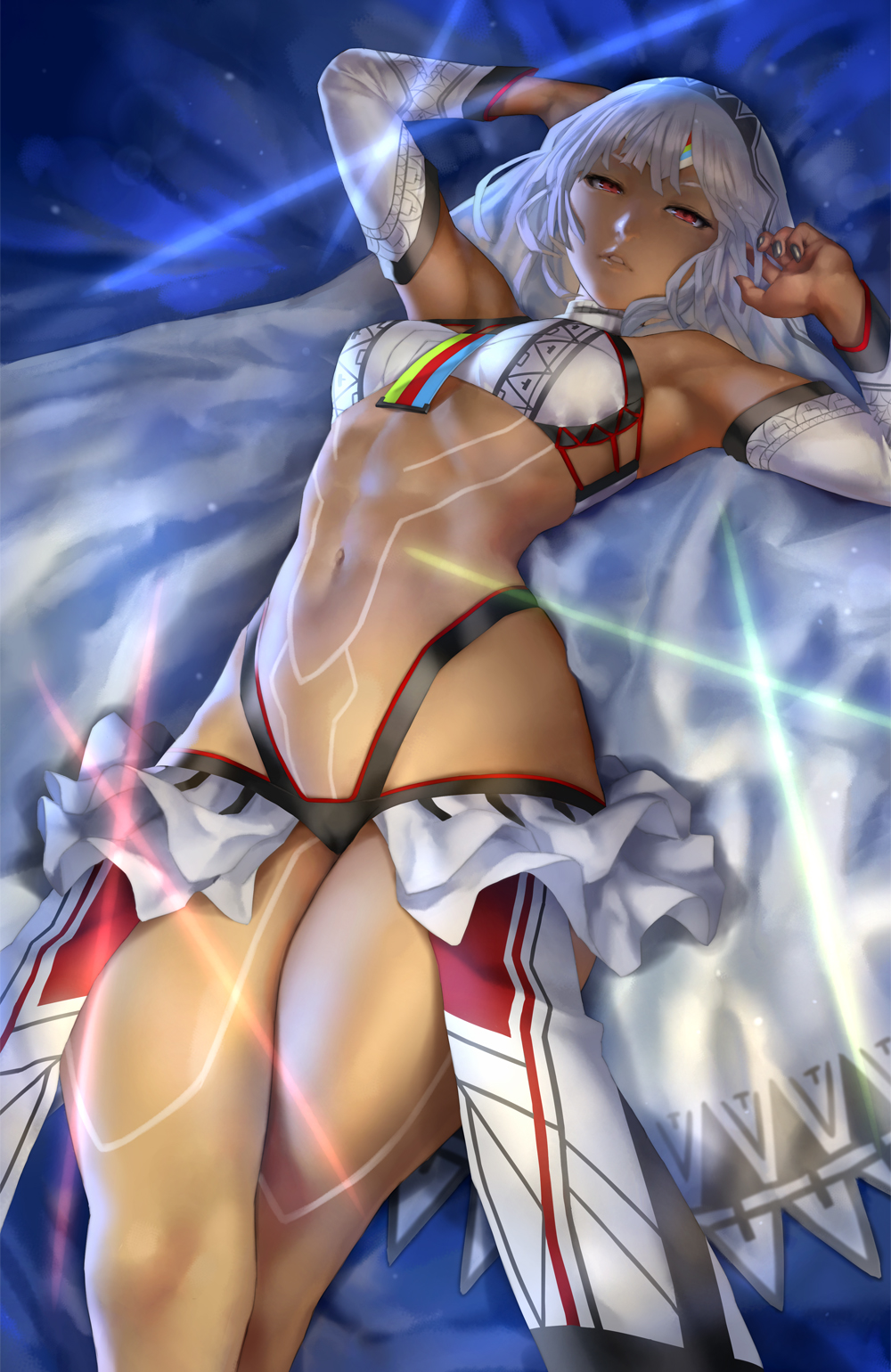 1girl abs altera_(fate) arm_up armpits bangs bare_shoulders black_nails blunt_bangs breasts dark_skin detached_sleeves eyebrows fate fate/grand_order fate_(series) full_body_tattoo highres hips legs_crossed lips looking_at_viewer lying medium_breasts midriff nail_polish navel on_back parted_lips red_eyes solo tattoo thighs veil white_hair