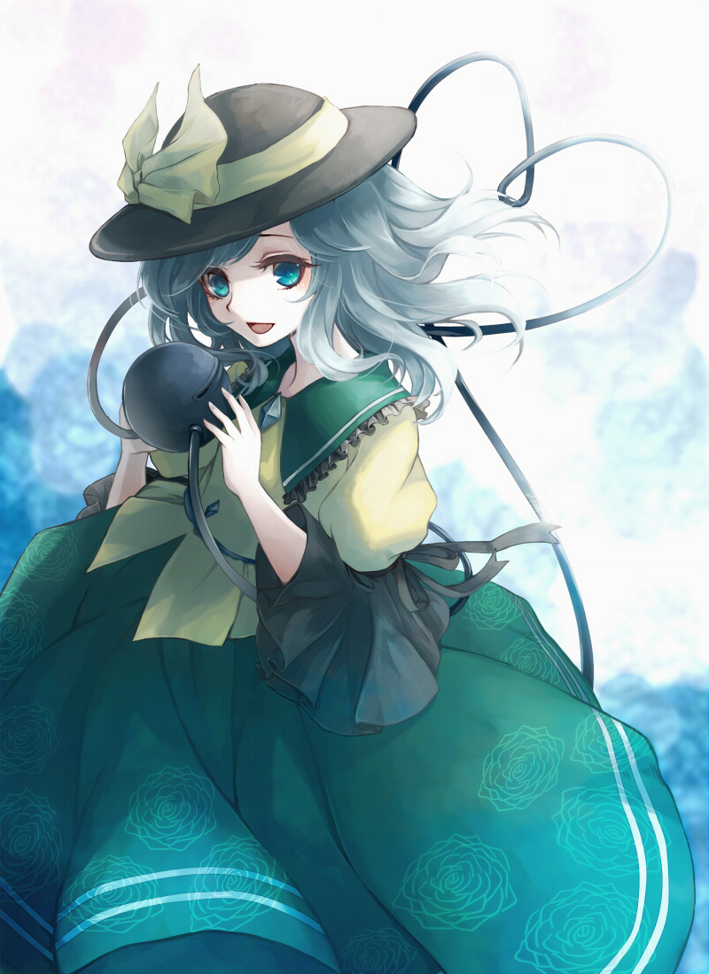 1girl awa_toka black_hat bow floating_hair floral_print green_hair green_shirt hat hat_bow heart heart_of_string komeiji_koishi looking_at_viewer open_mouth shirt silver_hair smile solo third_eye touhou wide_sleeves yellow_bow yellow_shirt