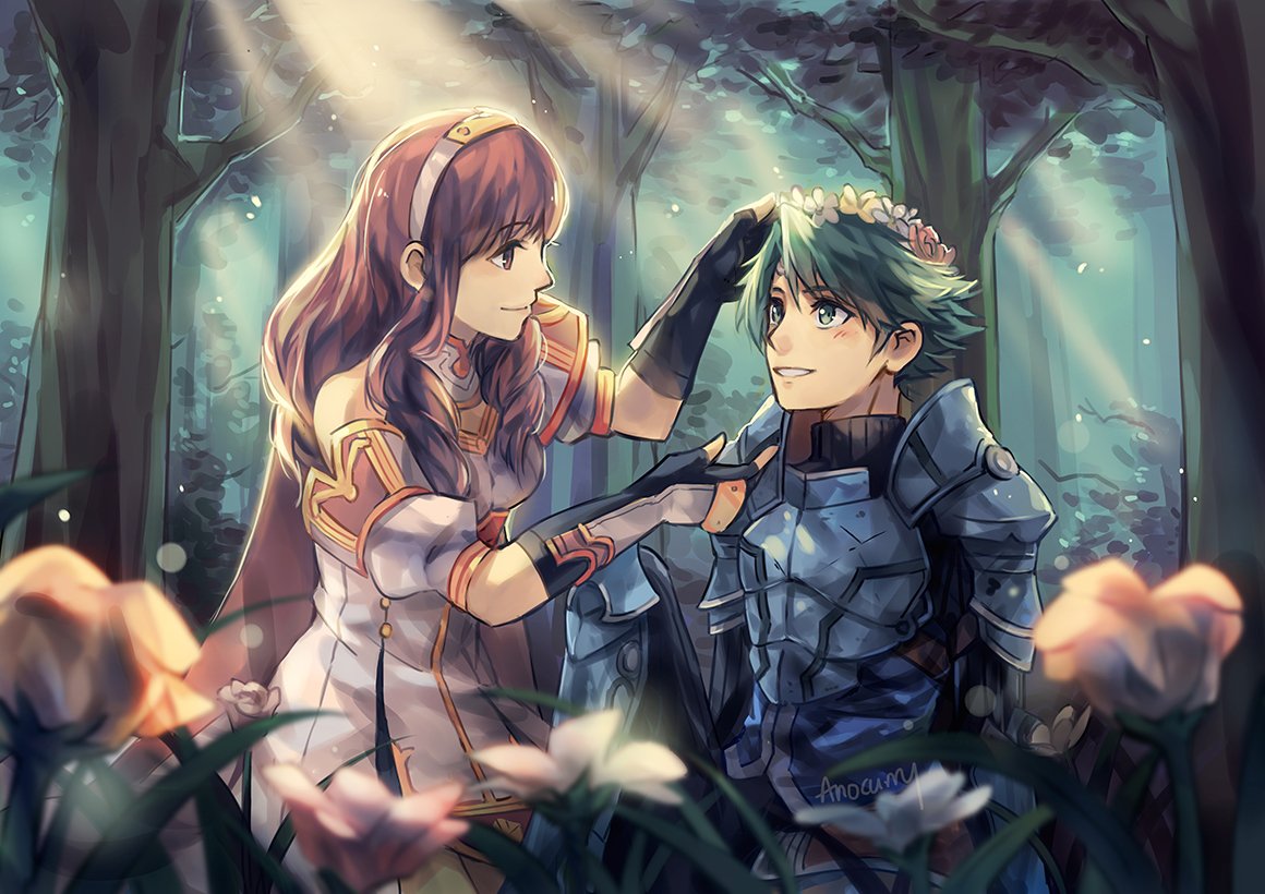 1boy 1girl alm_(fire_emblem) anocurry armor cape celica_(fire_emblem) crown fire_emblem fire_emblem_echoes:_mou_hitori_no_eiyuuou fire_emblem_gaiden flower forest green_hair hair_flower hair_ornament nature redhead smile tree