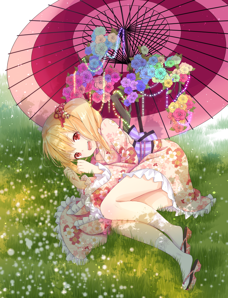 1girl blonde_hair flandre_scarlet floral_print flower hair_ribbon japanese_clothes kimono long_sleeves looking_at_viewer lying noala obi on_grass on_ground on_side open_mouth oriental_umbrella red_eyes red_shoes ribbon sash shoes smile socks solo touhou umbrella white_legwear wide_sleeves wings yukata