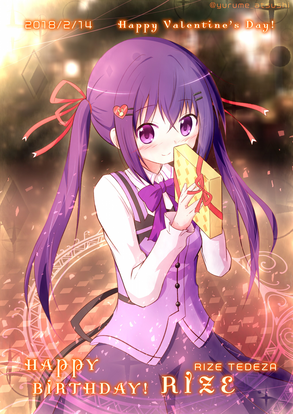 1girl blush bow bowtie box character_name commentary_request dated gift gift_box gochuumon_wa_usagi_desu_ka? hair_bow hair_ornament hair_ribbon hairclip happy_birthday happy_valentine highres holding long_hair looking_at_viewer purple_hair ribbon smile solo tedeza_rize twintails valentine violet_eyes yurume_atsushi