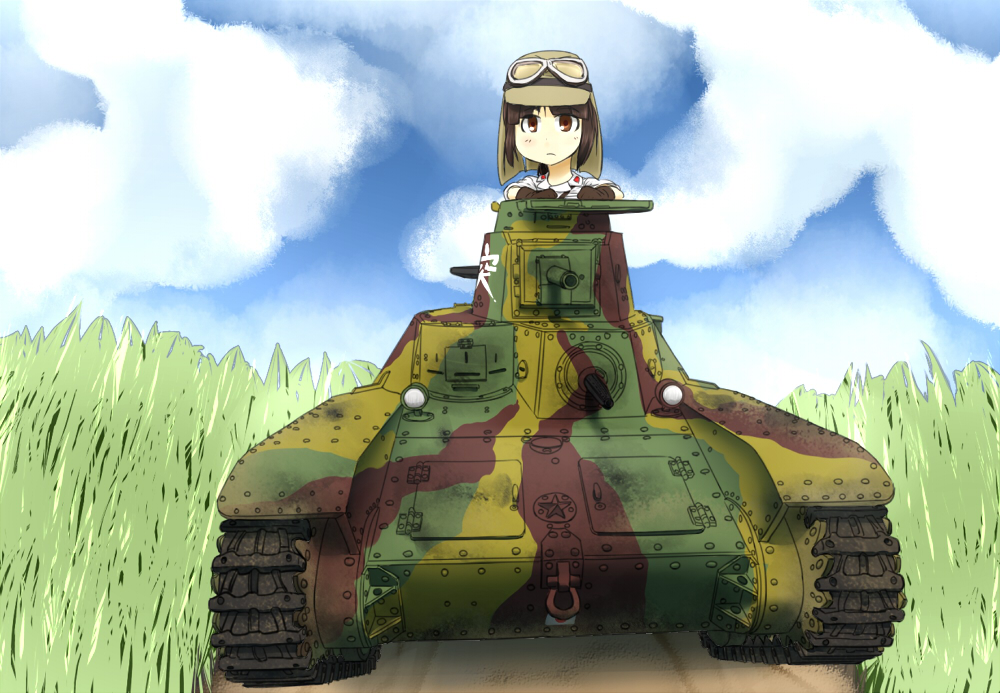 brown_eyes clouds day grass ground_vehicle military military_vehicle motor_vehicle mujin_teisatsuki original ponytail sky tank type_95_ha-gou