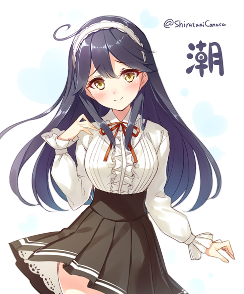 10s 1girl alternate_costume black_hair black_skirt character_name hair_between_eyes hairband huyukaaki kantai_collection long_hair long_sleeves pleated_skirt red_ribbon ribbon shirt skirt smile solo twitter_username ushio_(kantai_collection) white_hairband white_shirt yellow_eyes