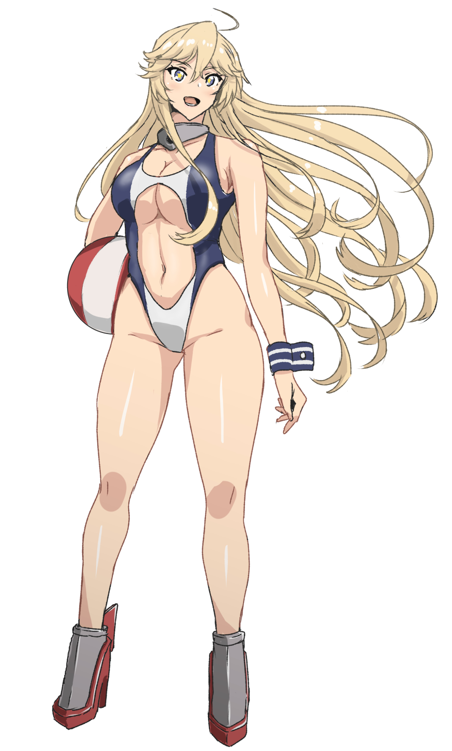 1girl ahoge ball beachball blonde_hair blue_eyes breasts center_opening collar competition_swimsuit eyebrows_visible_through_hair full_body guhanshounen hair_between_eyes highres iowa_(kantai_collection) kantai_collection large_breasts long_hair navel one-piece_swimsuit open_mouth rudder_footwear standing star star-shaped_pupils swimsuit symbol-shaped_pupils two-tone_swimsuit under_boob white_background wrist_cuffs