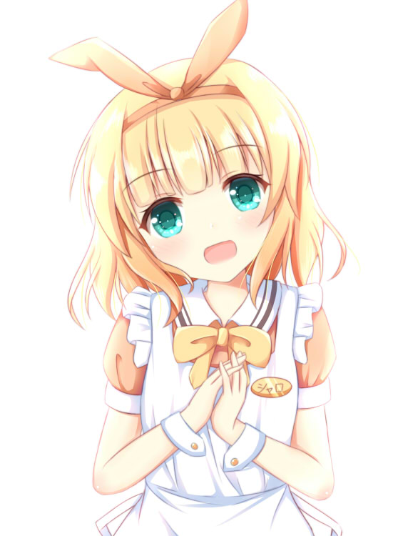 1girl alternate_costume apron aqua_eyes bangs blonde_hair blunt_bangs blush bow bowtie breasts collared_dress commentary_request dress enmaided eyebrows_visible_through_hair gochuumon_wa_usagi_desu_ka? hairband hands_together head_tilt kedama_(kedama_akaza) kirima_sharo looking_at_viewer maid name_tag open_mouth orange_dress orange_hairband puffy_short_sleeves puffy_sleeves short_hair short_sleeves simple_background small_breasts smile solo upper_body wavy_hair white_apron white_background wrist_cuffs yellow_bow yellow_bowtie