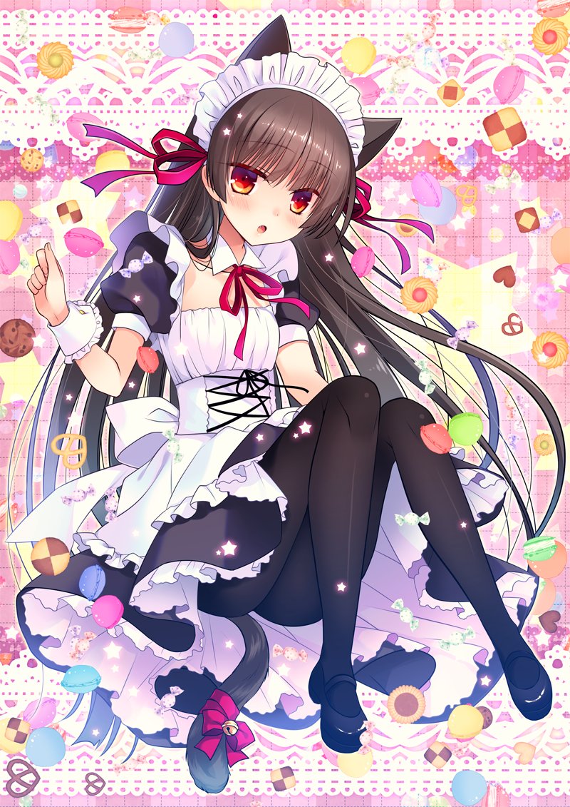 1girl animal_ears bell black_hair blush cat_ears cat_tail cookie dress fang food izumi_makoto long_hair looking_at_viewer macaron maid maid_headdress mary_janes open_mouth original pantyhose puffy_short_sleeves puffy_sleeves red_eyes ribbon shoes short_sleeves star sweets tail very_long_hair wrist_cuffs