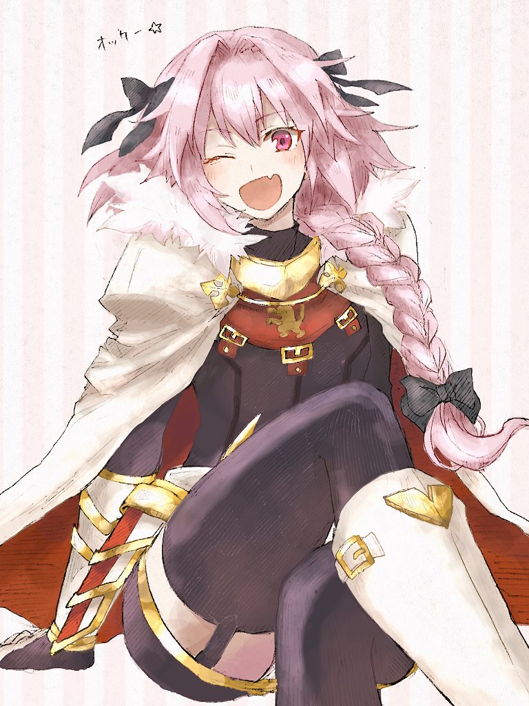 1boy black_bow boots bow braid cape fang fate/apocrypha fate/grand_order fate_(series) fur_trim garter_straps gauntlets hair_ribbon legs_crossed male_focus one_eye_closed open_mouth pink_hair ribbon rider_of_black single_braid smile violet_eyes