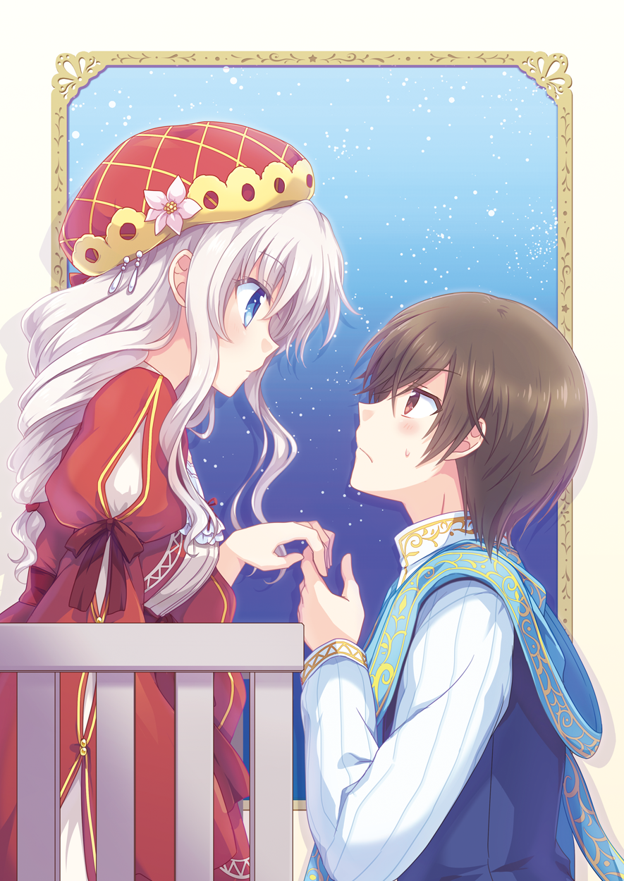 1boy 1girl balcony blue_eyes brown_hair charlotte_(anime) cosplay dress eye_contact hat highres hood juliet_capulet juliet_capulet_(cosplay) kousetsu long_hair looking_at_another otosaka_yuu red_dress red_eyes romeo_and_juliet romeo_montague romeo_montague_(cosplay) silver_hair tomori_nao
