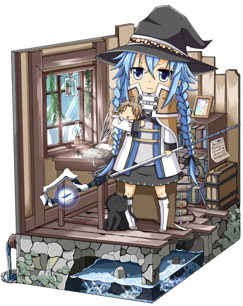 1girl :3 :d ahoge azumaya_(miyui001) black_cat blue_eyes blue_hair blush book boots brown_hair cat character_doll character_request hair_between_eyes hat long_hair longcat mushoku_tensei open_mouth photo_(object) picture_frame pigeon-toed roxy_migurdia rudeus_greyrat smile solo staff white_boots window witch_hat